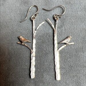 Artisan dangle earrings, bird on a branch, Sterling Silver, finely detailed